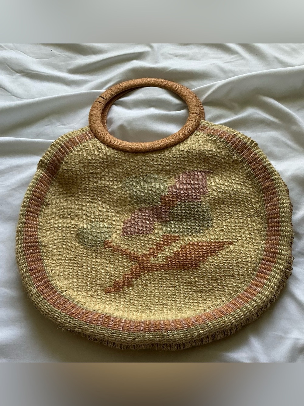 Vintage Bag Bazaar Round Straw Bag Woven Floral Embroidered Boho Circle Handle